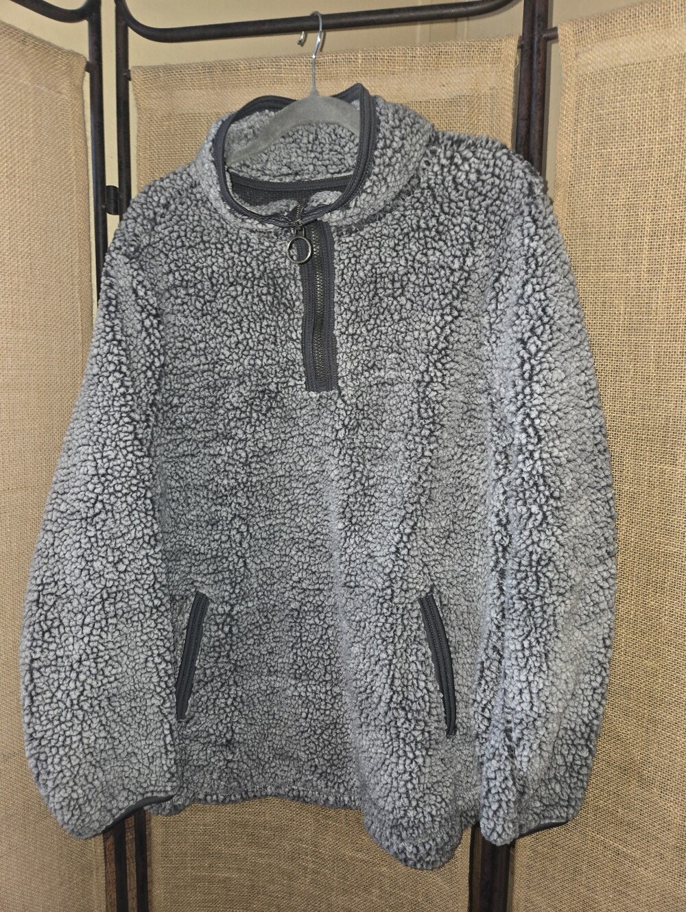 Women's Gray Cozy  Sherpa Quarter-Zip Pullover Sweater XXL Thumb Holes Comfy